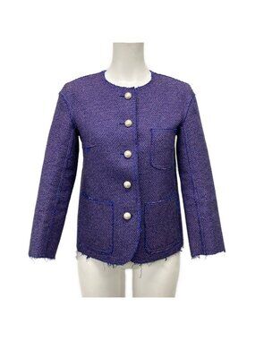 Chanel Jacket 36 S Blue Pink Black Pearl Tweed Cotton